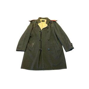VTG Wallachs Green Wool Double Breasted Green Peacoat 38 Sherpa Plaid Lined